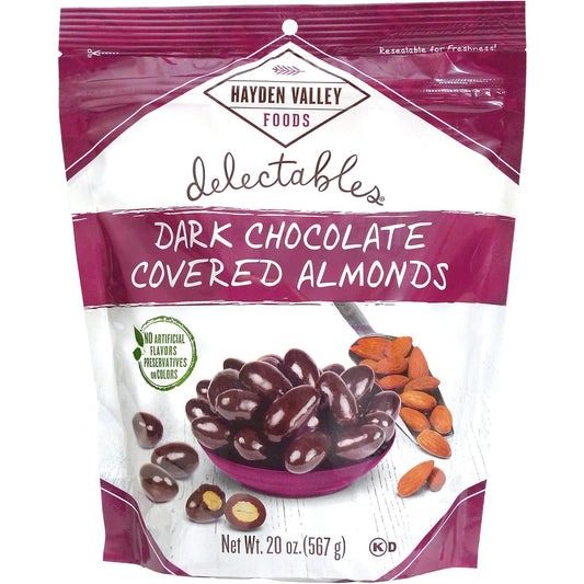 Hayden Valley Foods Dark Chocolate Covered Almonds - 20 oz Resealable Bag - Flavored Snack Nuts - No Artificial Flavors, Preservatives or Colors