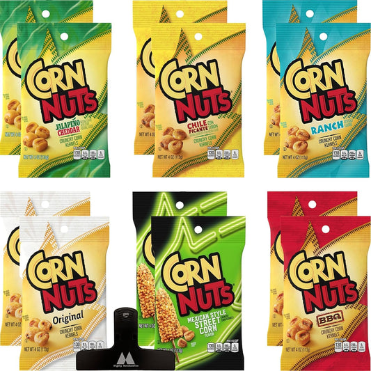 Corn Nuts All Flavor Bulk Variety Pack - 12 Pack - 4 Ounces Each - Jalapeno Cheddar, Chile Picante, Ranch, Original, Nacho and BBQ - With Jumbo Magnetic Mighty Merchandise Bag Clip