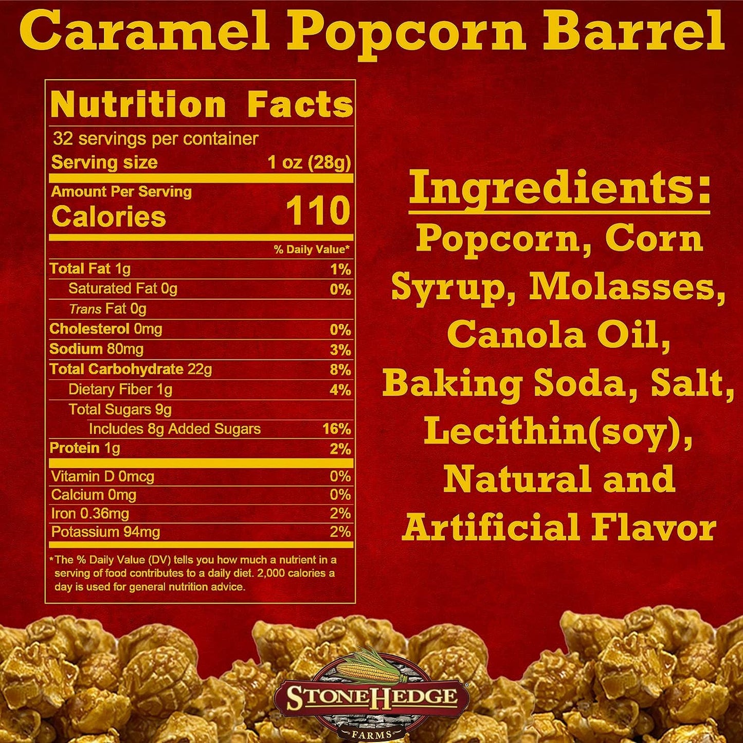 Stonehedge Farms Gourmet Caramel Flavored Popcorn - 32 oz Reclosable Tub - Deliciously Old Fashioned - Made in the USA - Gluten Free