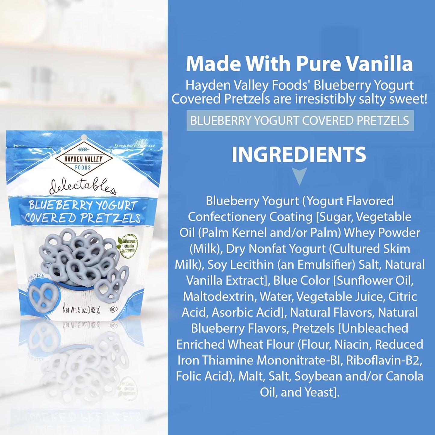 Hayden Valley Foods Yogurt-Covered Pretzel Variety Pack - 5oz Resealable Bags - 3 Pack - Raspberry, Blueberry and Vanilla - Gourmet Flavored Pretzels