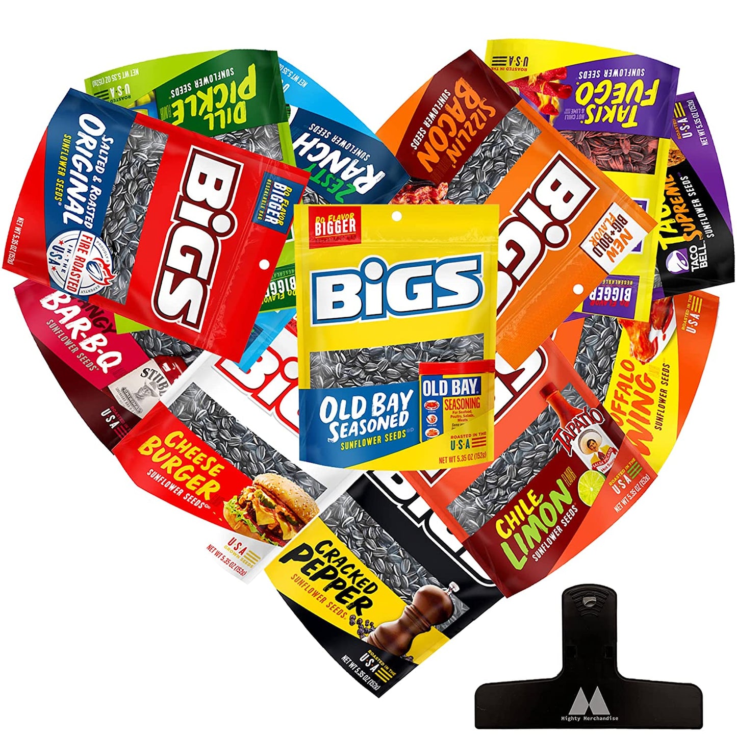 Bigs Ultimate Variety Pack Sampler - Includes 12 Flavors - 5.35 Ounces Each - With Mighty Merchandise Magnetic Bag Clip
