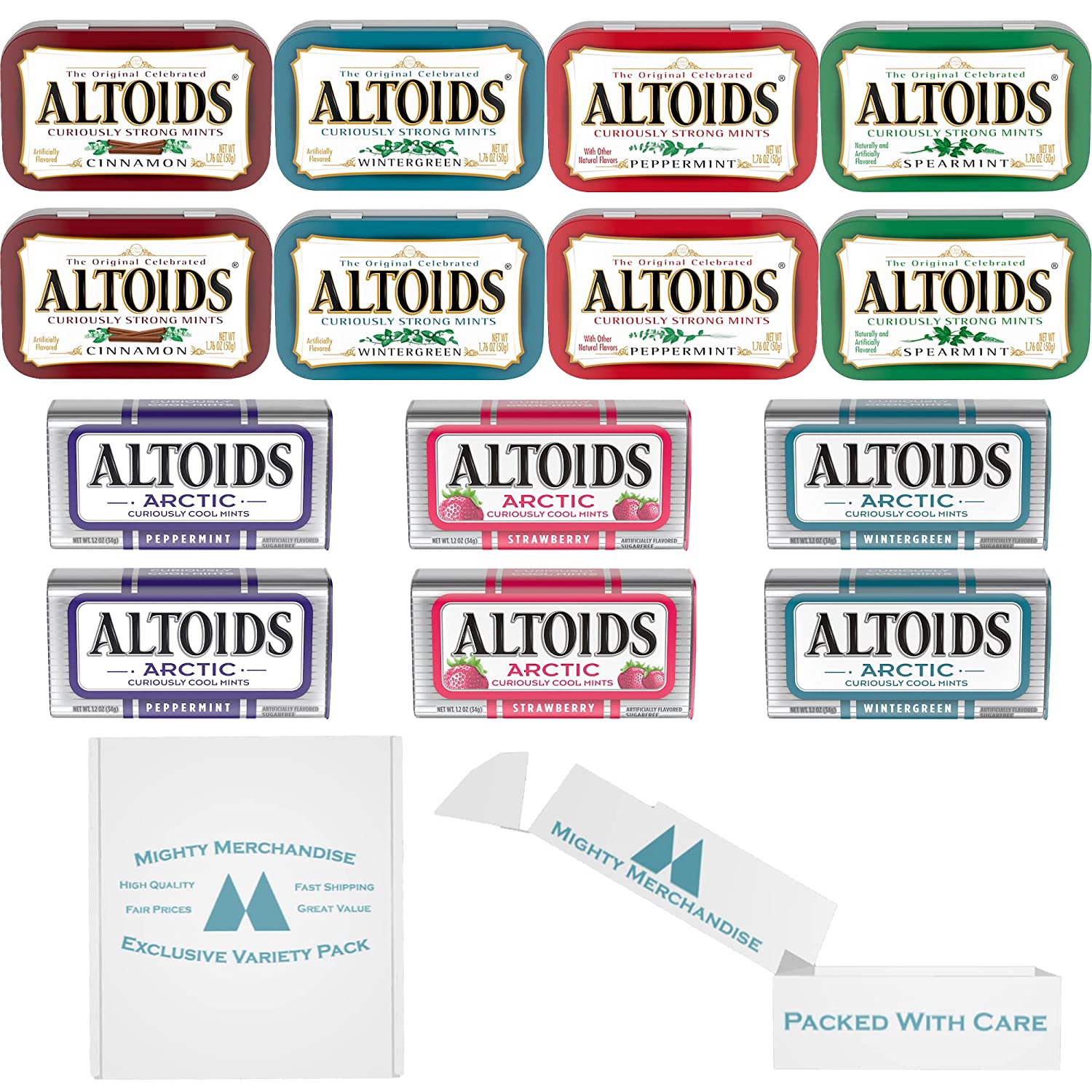  Altoids Variety Pack- 7 Flavors Include- Altoids Peppermint,  Altoids Cinnamon, Altoids Wintergreen, Spearmint, Altoids Strawberry  Arctic, Arctic Peppermint, and Arctic Wintergreen by Snackivore. : Grocery  & Gourmet Food