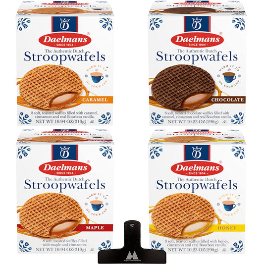 Daelman Stroopwafel Variety Pack - 4 Boxes - 8 Wafers Per Box - The Original Stroopwafels Toasted Dutch Waffle Cookies - Caramel, Chocolate, Maple and Honey - With Mighty Merchandise Bag Clip (4 Pack)