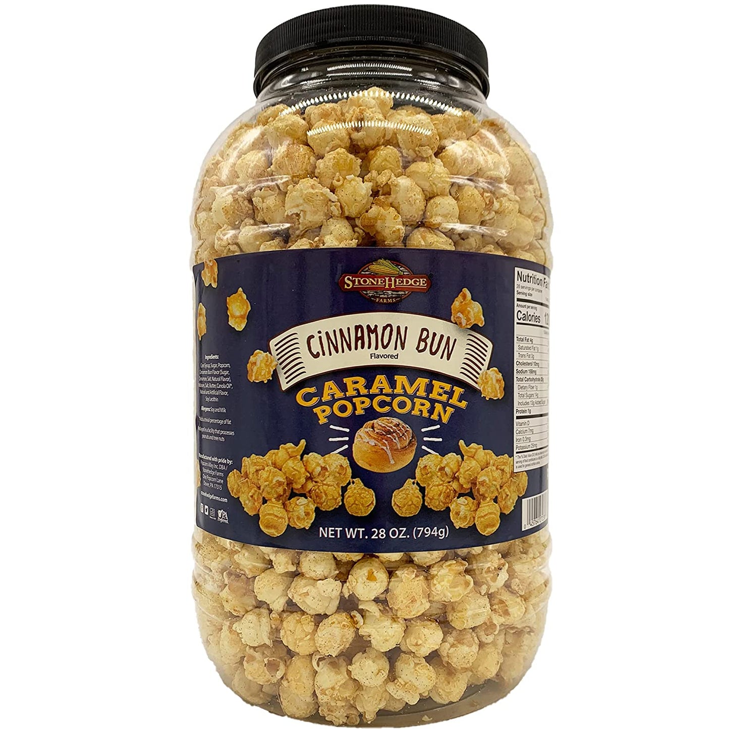 StoneHedge Farms Gourmet Cinnamon Bun Popcorn - Deliciously Old Fashioned 28 Oz. Tall Tub! - Made in the USA!