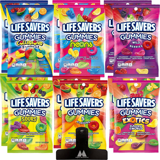 LifeSavers Gummies Bulk Variety Pack - 6 Unique Flavors - 2 Of Each Flavor - 12 Total Packs - With Extra Large Magnetic Mighty Merchandise Bag Clip