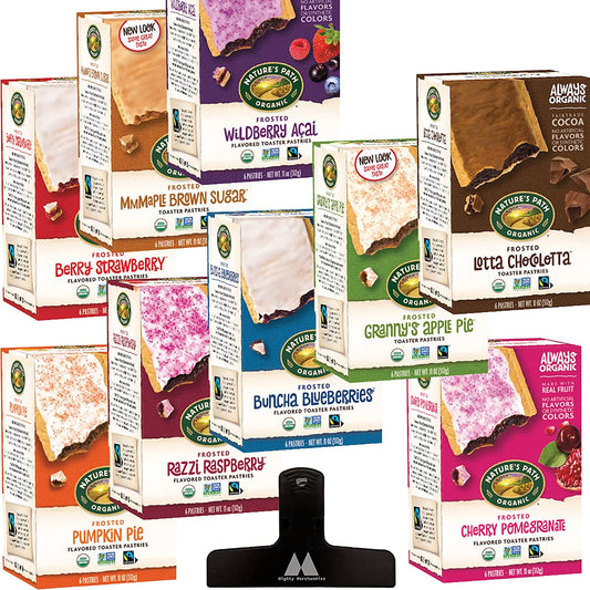 Nature's Path Frosted Toaster Pastries Variety Pack - 11 Ounces Per box - 9 Boxes Included - Strawberry, Brown Sugar, Wildberry, Pumpkin, Raspberry, Blueberry, Apple, Chocolate and Pomegranate - With Magnetic Mighty Merchandise Bag Clip