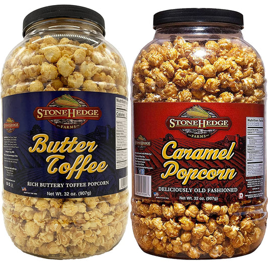 Stonehedge Farms Gourmet Popcorn Barrel Variety Packs - 32 Ounces Each - Two Pack (Caramel + Butter Toffee)