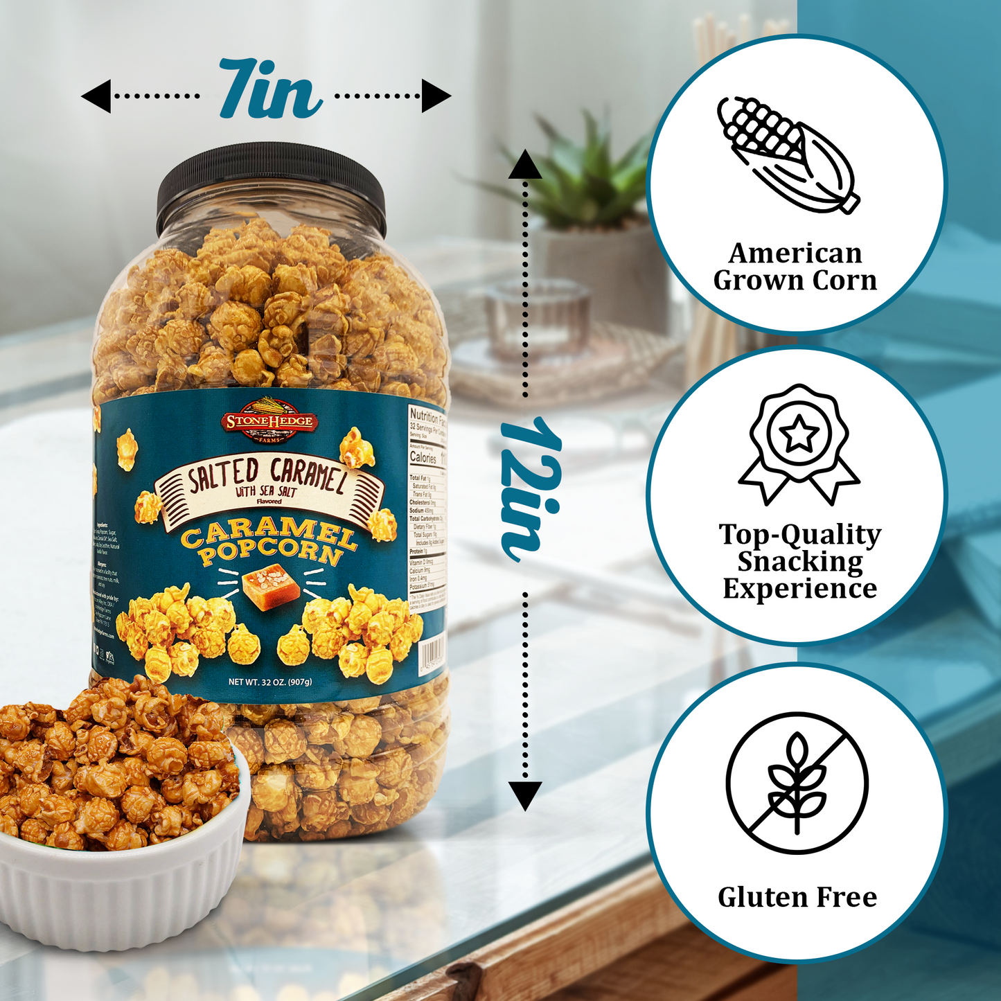 Stonehedge Farms Salted Caramel Flavored Popcorn - 32 oz Large Tub - Bulk Gourmet Deliciously Old Fashioned Popped Sweet Snacks - Made in the USA