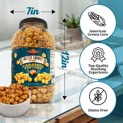 Stonehedge Farms Salted Caramel Flavored Popcorn - 32 oz Large Tub - Bulk Gourmet Deliciously Old Fashioned Popped Sweet Snacks - Made in the USA