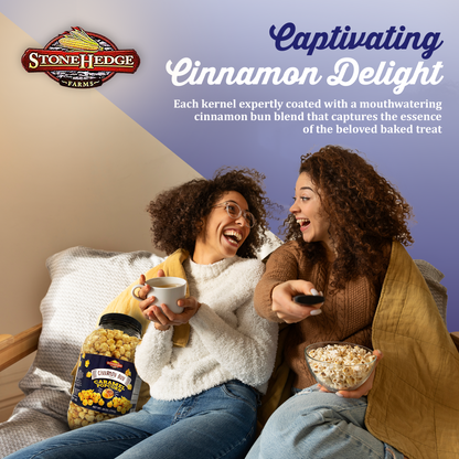 Stonehedge Farms Cinnamon Bun Flavored Popcorn - 28 oz Large Tub - Bulk Gourmet Deliciously Old Fashioned Popped Sweet Snacks - Made in the USA