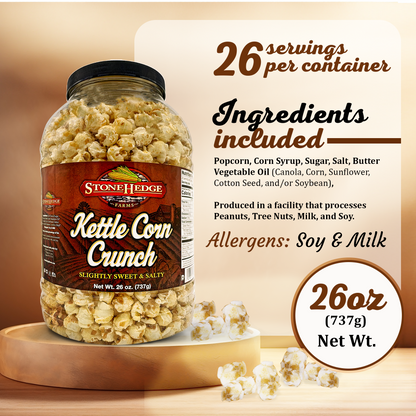 Stonehedge Farms Kettle Corn Crunch Popcorn - 26 oz Large Tub - Bulk Gourmet Sweet and Salty Snacks - Made in the USA